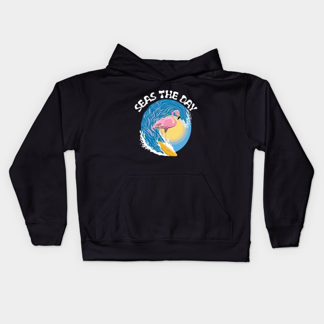 Seas The Day | Surfing Flamingo Kids Hoodie by TMBTM